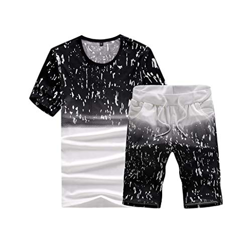 BOLUOYI Men's Fashion Hoodies & Sweatshirts,Black Pullover Hoodie Men,Mens Printing Short Sleeve O Neck Shirt Tops Casual Pant Suit,Black,XL