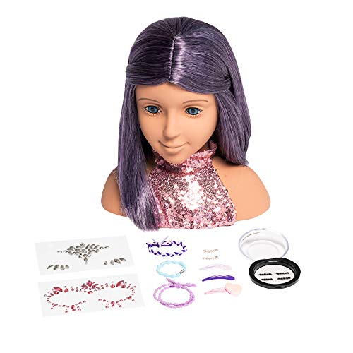 I'M A STYLIST Styling Head Deluxe Lola - Doll Mannequin Head, Interchangeable Wig, Synthetic Fiber Purple Hair Includes Magnetic Lashes, Hair Accessories, Earrings & Face Gems for Kids 8+ Years - 13"