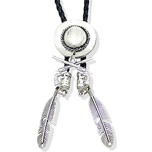 Vintage Cowboy Silver Hat Stetson Corss Gun Pistol Rodeo Western Line Dance Necklace Bolo Tie