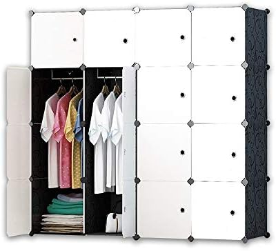 DIY Portable Wardrobe Chest with Hanging Rail for Clothes, Combination Armoire, Modular Divider Cabinet for Space Saving, Ideal Room Storage Cube for Books, Toys, Towels (16 Cube Units) Black-White