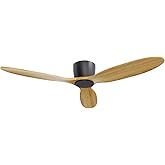 OUATER Flush Mount Ceiling Fan no light with Remote, 52 inch Low Profile Wood Ceiling Fan without light for Outdoor, Bedroom, Natural Wood and matte Black, DC Motor, 6 Speed