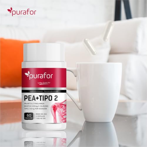 Suplemento PEA + Colágeno Tipo 2 | Palmitoiletanolamida Bioativa 600mg + Colágeno Tipo 2 40mg | 60 Cápsulas | Articulações e Recuperação Muscular