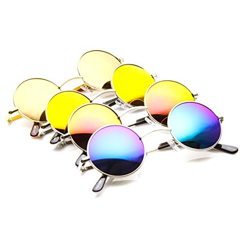 zeroUV - Lennon Style Round Circle Metal Sunglasses with Color Mirror Lens (4-Pack)