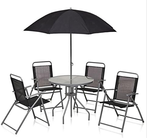 Black 4 Seater Round Table Garden Patio Furniture Set with 4 Chairs & Parasol
