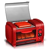 Elite Cuisine EHD-051R Hot Dog Toaster Oven, 30-Min Timer, Stainless Steel Heat Rollers Bake & Crumb Tray, World Series Baseball, 4 Bun Capacity, Red