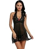alisena Women Lingerie See Through Halter Neck Lace Patchwork with G-String Babydoll Sleepwear Black