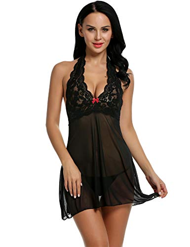 alisena Women Lingerie See Through Halter Neck Lace Patchwork with G-String Babydoll Sleepwear Black