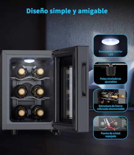 WIE Vinoteca Pequeña 6 Botellas - Mini Frigorífico con Puerta de Cristal 4–16°C, Enfriador de Vino con LED, Panel Táctil, 3 Niveles, <42 dB, para Casa, Bar, Dormitorio