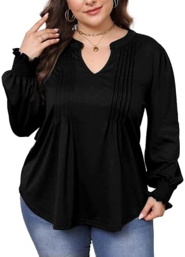 HBEYYTO Womens Plus Size Tops Long Sleeve V Neck Pleated Loose Fit