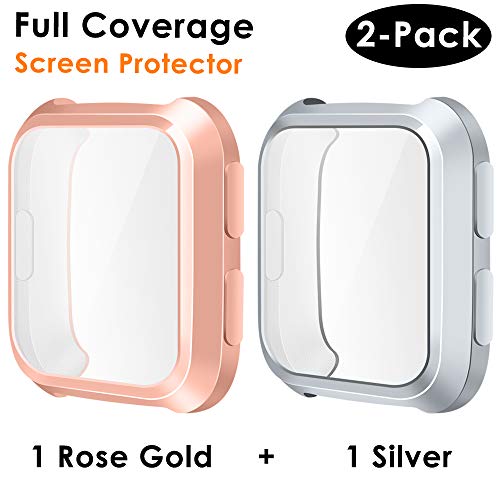EZCO Compatible Fitbit Versa Screen Protector Case (2-Pack), Soft TPU Plated Case All-Around Protector Screen Cover Bumper Compatible Fitbit Versa Smart Watch, Rose Gold+Silver