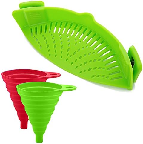 Silicone Snap Strainer with 2 Collapsible Funnels,Colander &amp; Drainer Compact &amp; Flexible BPA Free universal Fits All Pots, Pans &amp; Bowls (Green)