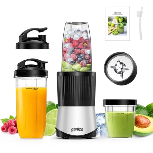Ganiza Smoothie Maker 900W, Mini Blender with 25000rpm, 3 Tritan To-Go Bottles (300ml, 500ml & 700ml), 4 Asymmetrical Blenders, for All Types of Shakes and Smoothies, Silver/Black