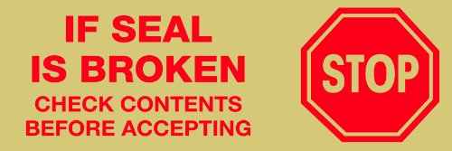 Tape Logic T902P01T6PK Pre-Printed Carton Sealing Tape, Legend "Stop If Seal Is Broken" with Graphic, 110 yds Length x 2" Width, 2.2 mil Thick, Red on Tan (Case of 6)