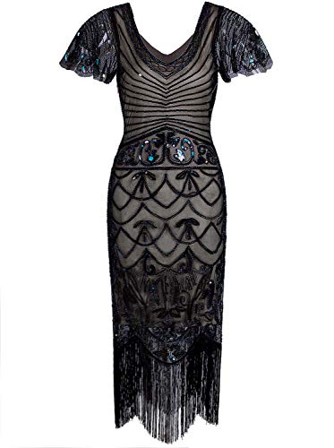 Vijiv Women's 1920s Flapper Dress with Sleeves V Neck Beaded Mermaid Art Deco Cocktail Dresses