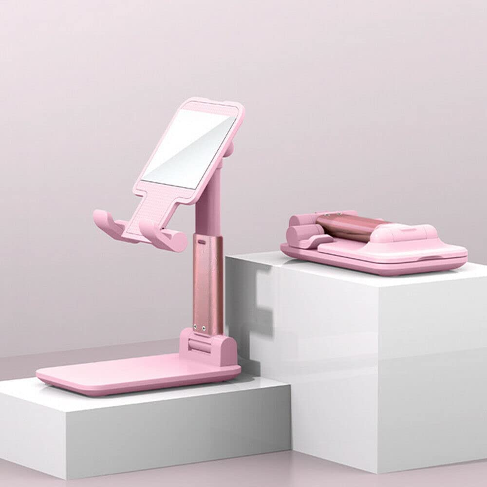 E Trade Portable Mobile Phone Holder - Adjustable Cell Phone Stand with Weighted Base - Foldable Smartphone Stand Compatible for ALL Smart Phone, iPad, Kindle (Pink)