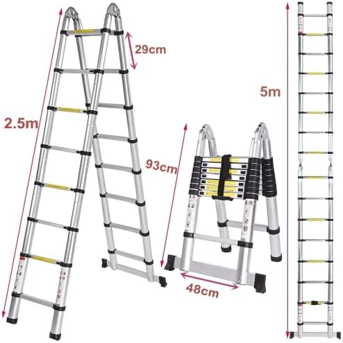 Escalera telescópica de Aluminio de 5 m, Capacidad de Carga de 150 kg, Escalera Plegable 2 en 1, Escalera multifunción de Aluminio, para Interiores y Exteriores