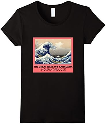 Womens Wave Art with Japanese Text Streetwear Aesthetic T-Shirt XL Black