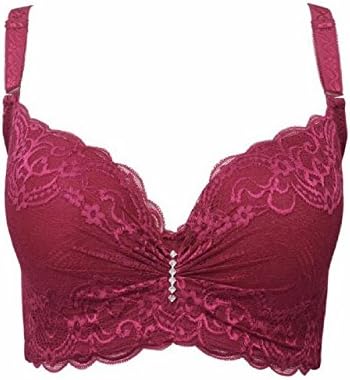 Herina, Sexy Lace Plus Size Bra Push Up, Big Size 3/4 Cup Underwire Bra Black Bralette Deep V Bras (40E, Wine Red)