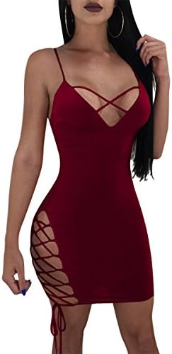 ZileZile Women's Sexy Bodycon Spaghetti Strap Criss Cross Lace up Mini Club Dress