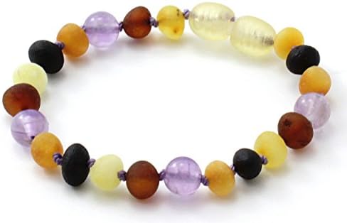 Unpolished Amber Teething Anklet / Bracelet - Available in 4.7-6.3 inches - Raw Multi mixed with Amethyst Gemstone Beads - TipTopAmber (5.5 inches)