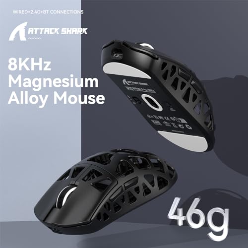 ATTACK SHARK R3 Magnesium Alloy Mouse, Wireless 8K Mouse, 46g SUPERLIGHT Mouse, PixArt PAW3395 Gaming Sensor, BT/2.4G/Wired Gaming Mouse, Adjustable DPI 26000, Office Mice for Win11/Xbox/PS/Mac -Black