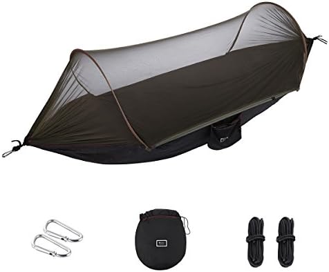 isYoung Hammock with Mosquito Net Parachute Fabric Hammock Net, Durable and Portable, Suit for 2 Persons, Tree Tent, Outdoors (Black/Army Green)