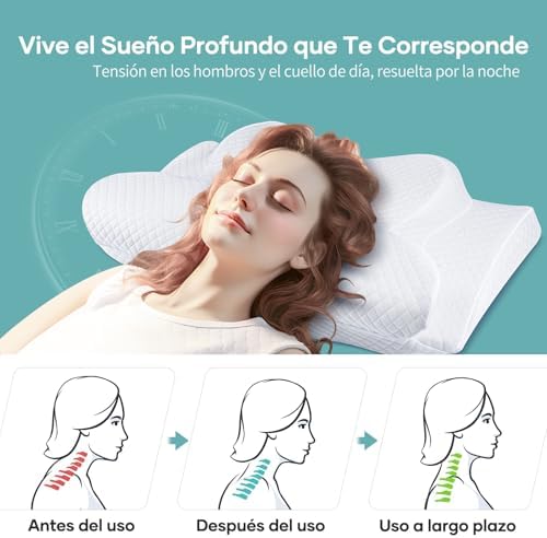 Almofada cervical e cervical, almofada cervical de espuma viscoelástica, almofadas anti-ronco para dormir de lado, costas e abdómen, 60x36x11/13cm, branca