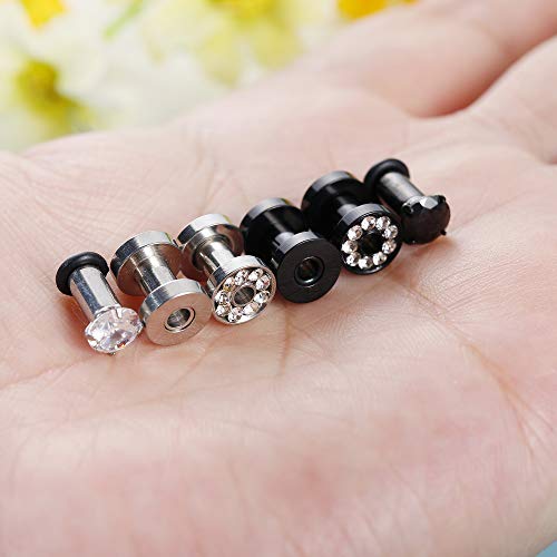 JOERICA 6 Pairs Stainless Steel Ear Gauges CZ Screw Plugs Tunnel Ear