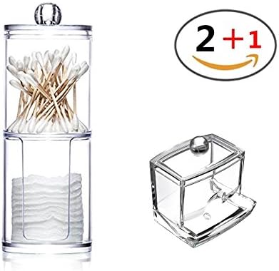 stbeyond Clear Acrylic Cotton Swabs Holder Storage Stand Rack Organizer Box and Cotton Ball &amp; Swab Double Layer Round Storage Box - For Cotton Pads, Cotton Swabs, Q-Tips, Make Up Pads, Cosmetics