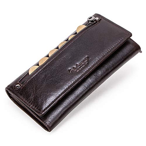 CONTACTS Real Leather Long Wallet Clutch for Women,Credit Card Holder Wallet,Phone Holder Clutch Vintage Oyster Zip Purse for Mens/Women (Coffee)