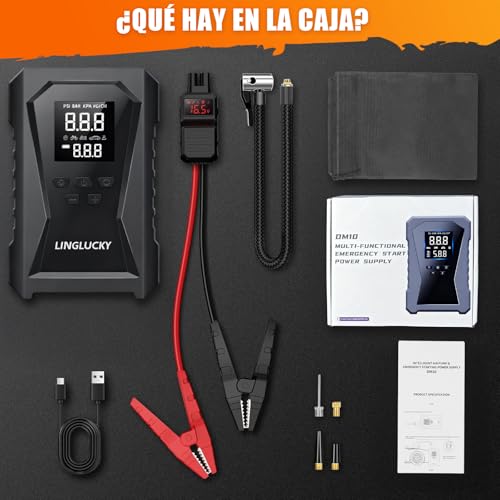 LINGLUCKY Arrancador de Batería de Auto Portátil 3000A y Compresor de Aire 150PSI,Jumper para Carro de 12V(9L Gasolina/6.5L Diésel) con Pantalla LCD,Linterna LED,Luz de Emergencia,12000mAh Power Bank