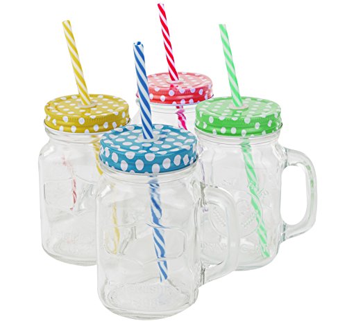 Golden Spoon Glass Drinking Jar with Handle, Stainless Steel Lid, Stainless Steel Colored Lid, Colored Straws, Dishwasher Safe, BPA Free, Set of 4 (16 oz/Pint)