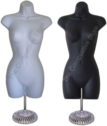 2 Black + White Female Mannequin Dress Forms (Hip Long) W/ Economic Plastic Base