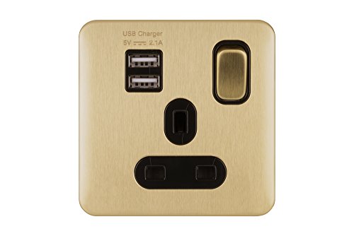 Schneider Electric Lisse Screwless Deco - Switched Single Power Socket, 13A, Single Pole, with 2 USB Charging Ports, 2.1A shared, GGBL30102USBABSBS, Satin Brass with Black Insert
