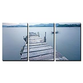 3 Piece Canvas Wall Art - Old Jetty Walkway Pier The The Lake - Modern Home Art Stretched and Framed Ready to Hang - 16"x24"x3 Panels