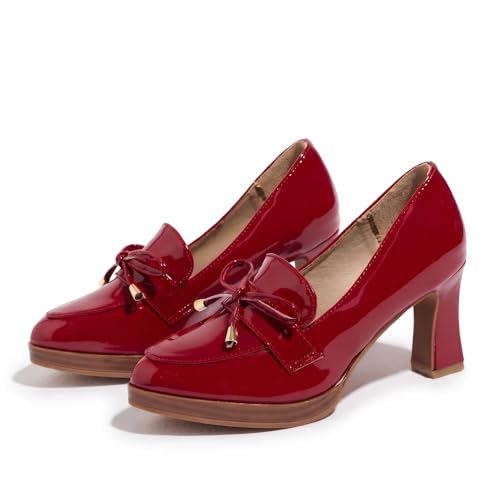 Women's Gloss Patent Chunky Heel Pumps with Bow Cute Pointed Toe Slip-On Block High Heels Party Wedding School Dress Shoes (5,Red) at Amazon