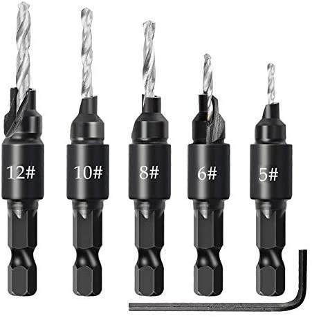 Countersink Drill Bit Set - 5Pcs Free Replaceable Drill Bits with One Hex Wrench for Woodworking Countersink,Quick Change 1/4" Hex Shank Adjustable Countersink Bits for Wood Drilling Plastic Metal
