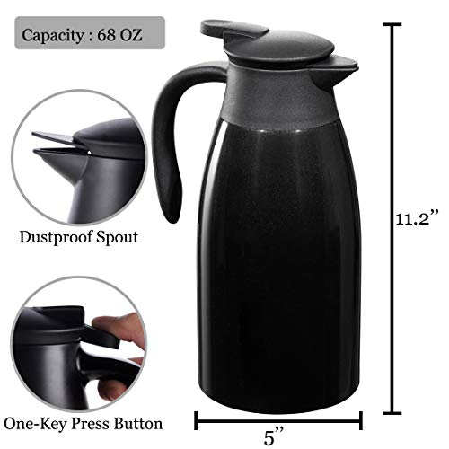 BonNoces 68 Oz Stainless Steel Coffee Carafe/Thermal Carafe - Dust Proof Cover - Fully Sealed - 2L Large Double Wall Vacuum Insulation Thermos - Keep Drink Hot and Cold (Black)