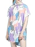 Joeoy Women's Multicolor Cartoon Cat Print Short Sleeve Button Down Shirt