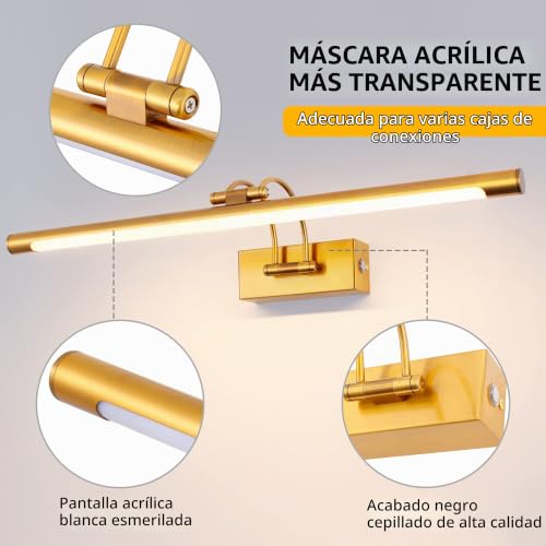 TYhogar Bathroom Mirror LED 60 cm 3 Colour Temperatures Adjustable and Brightness | 12W Brass Wall Light Arch with Swivel Head, Dimmable Without Scale, Anti-fog, Illuminated Mirror for Bathroom and Vanity