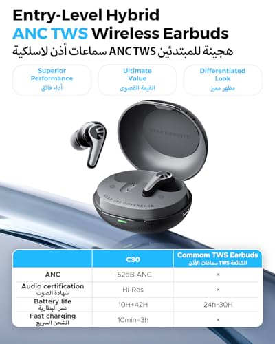 SOUNDPEATS C30 Adaptive Hybrid Active Noise Cancelling Wireless Earbuds, BT 6.0 Headphones with LDAC Hi-Res Audio, 6-Mic Windproof ENC Bluetooth Earphones for Clear Call, 52H, IP54 (Black)