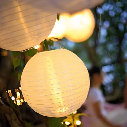 Hellum Lanterns Outdoor Weatherproof Set of 7 with Warm White LED and Battery, 1 x Diameter 30 cm, 3 x Diameter 25 cm, 3 x Diameter 20 cm, White Lanterns with Remote Control, Lanterns for Outdoors, LED Lanterns, Outdoor Wedding Decoration 150889