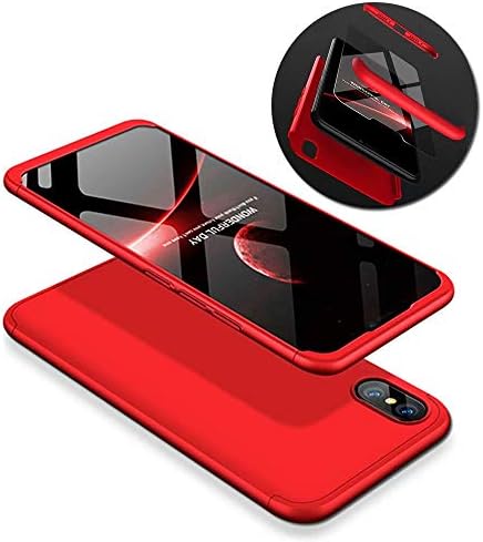 Flywill iPhone XS Max Full Body Protection Case 3in1 Hybrid Hard PC All Round Front and Back 360°Protective Cover Shockproof Case for iPhone XS Max 6.5”-Red+Tempered Glass Screen Protector