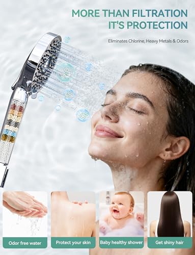 Magichome Filtered Shower Head with Handheld, High Pressure 10-Spd Detachable Chrome Showerhead with Stainless Hose, Water Softener Filter Beads for Hard Water - Remove Chlorine, Reduce Dry Itchy Skin