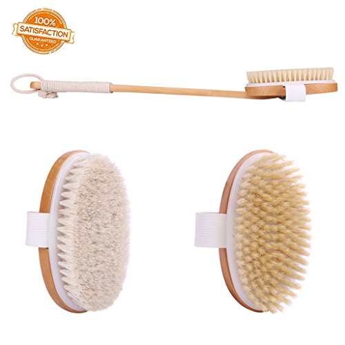Dry Skin Brushing Body Brush Set-Back Scrubber Bath Brush With Detachable Long Handle For Cellulite Treatment,Exfoliates,Stimulates Blood Circulation-Boar Bristle Shower Brush For Women and Men
