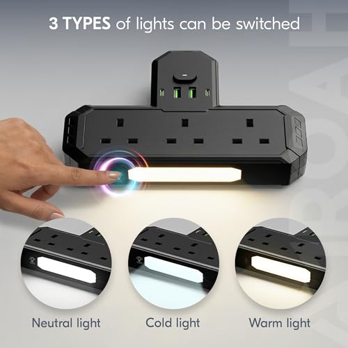 AMROAH Multi Socket 7 in 1 with Night Light, Universal Multi Plug Socket with 3 AC Outlets UK/UAE, Wall Mount Multi Plug with USB Ports, 2 USB A 2 USB C for Home Office Travel