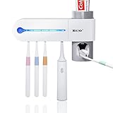 MECO UV Toothbrush Holder, Toothpaste Dispenser + 5 Toothbrush Sterilizer Holder Wall Mounted with Sticker for Women Kids Baby Bathroom Children's Day Gift