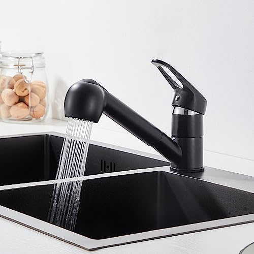 Auralum Kitchen Tap, Black, 360 Degree Rotation, Swivel Spout, Brass Single Lever Guarantee (Black Extendable Type E)