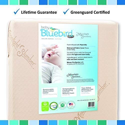 Moonlight Slumber Mini Crib Mattress 5" Dual Firmness: Baby Bluebird Waterproof Portable Crib & Toddler Bed Mattress : Cool Gel Memory Foam + Removable Plush Cotton Cover. Hand Made in USA (38x24x5)