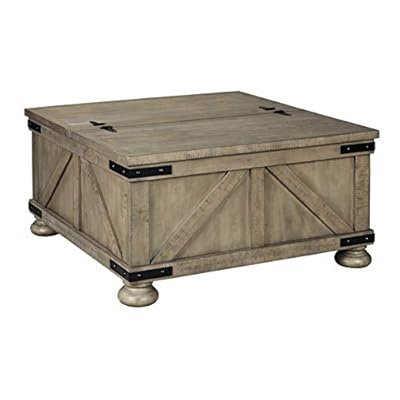 Signature Design by Ashley Aldwin Farmhouse Square Coffee Table with Lift Top for Storage, Light Brown 41HbJTqWCEL